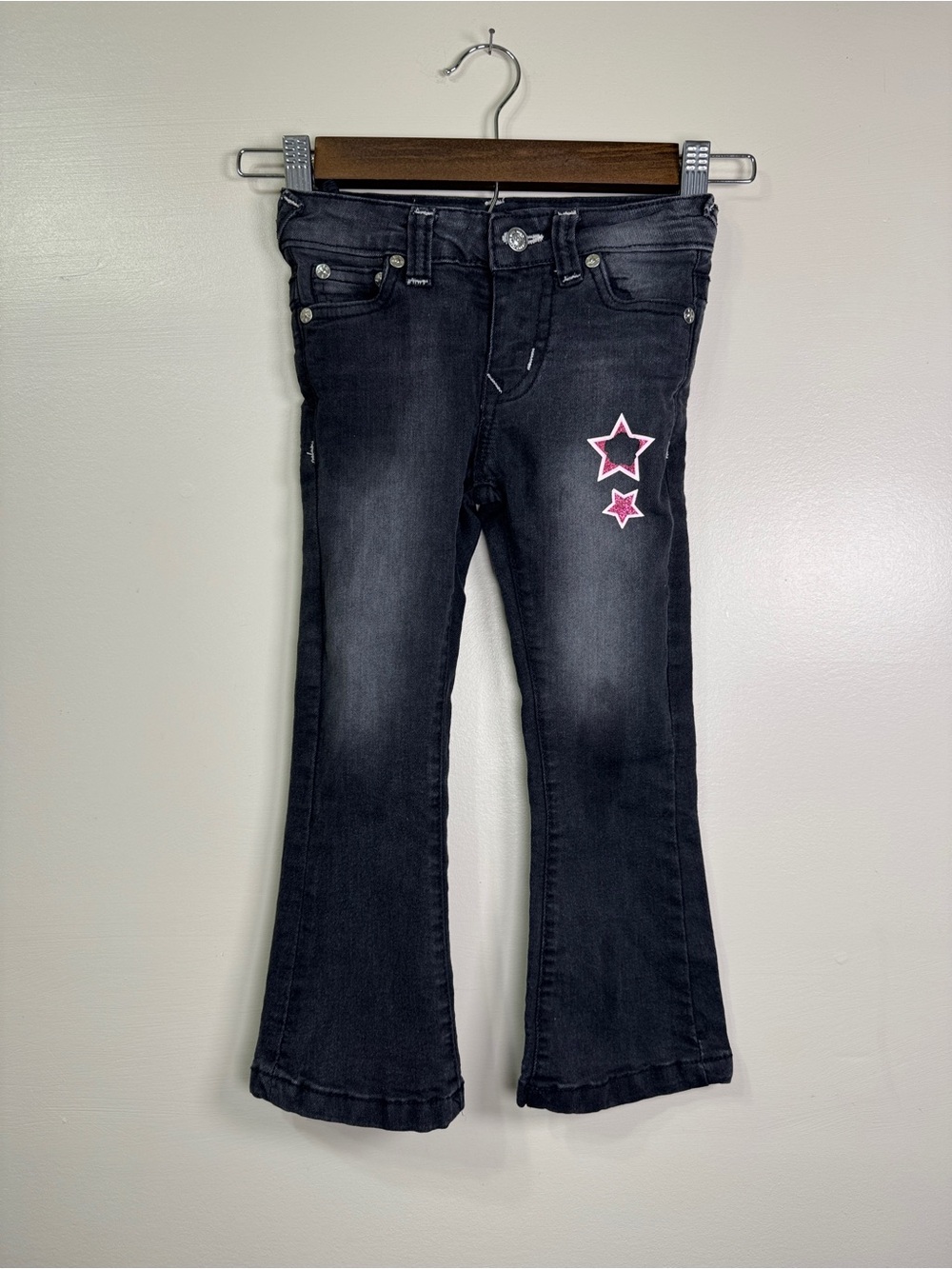 Y2K True Religion 4T Girls Black Wash Flare Jeans with Pink Star Patches